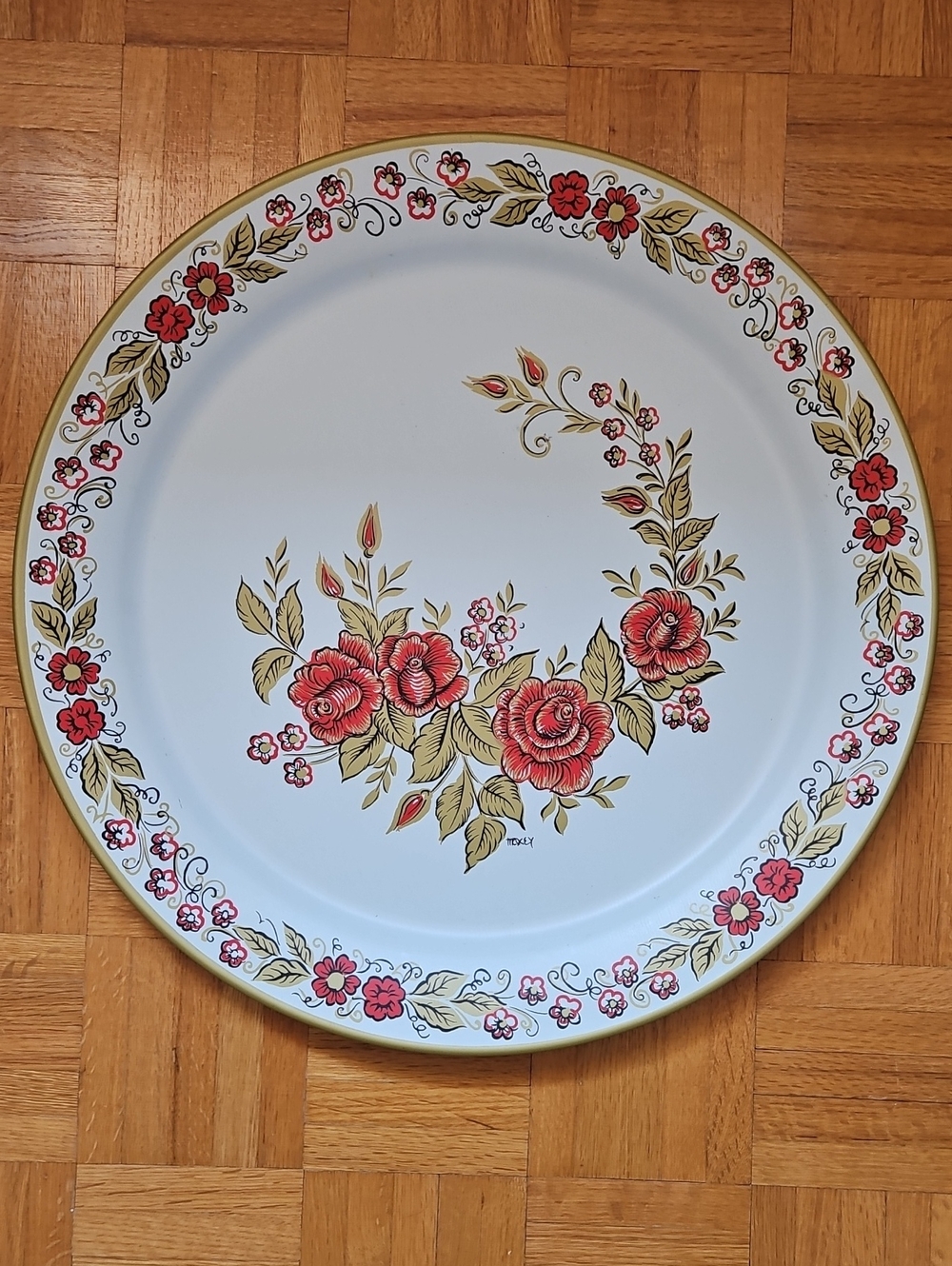 White Extra Large Metal Serving Plater with Rose Floral Design and Gold Accents